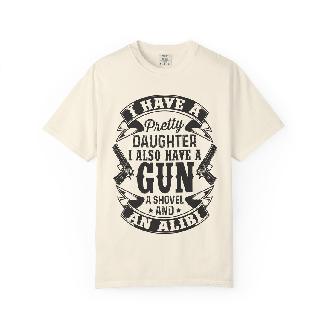 Funny Gun Alibi T-Shirt, Unisex Graphic Tee, Gift for Dads, Father's Day Shirt, Casual Wear, Humor Apparel, Birthday Gift